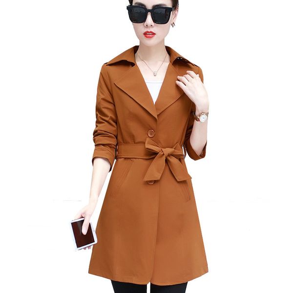 

women trench coats 2019 spring autumn windbreaker female single-breasted long thin overcoat casual long sleeve belted coats l254, Tan;black