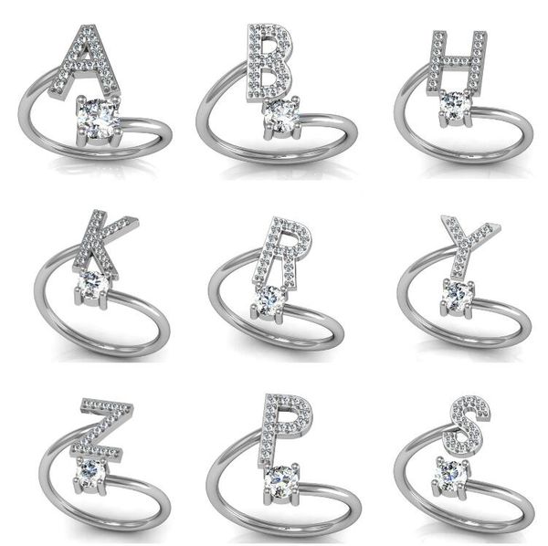 

fashion 26 letters silver ring for women rhinestone open finger rings female engagement ring jewelry anel party gift ing