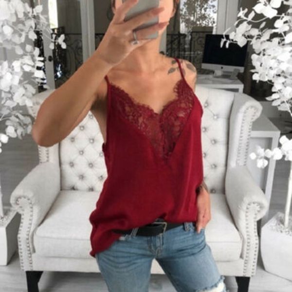 

women casual summer lace ladies vest elegant sleeveless tank v neck loose femme plain basic tee streetwear, White