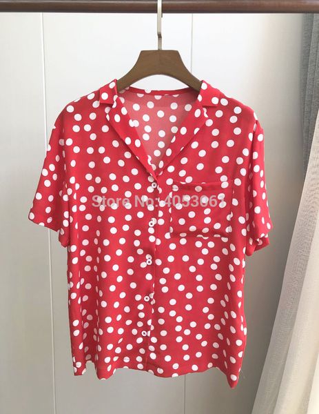 

high version silk red with contrast polka dots blouse shirt with notched neckline & short sleeves & single pocket, White