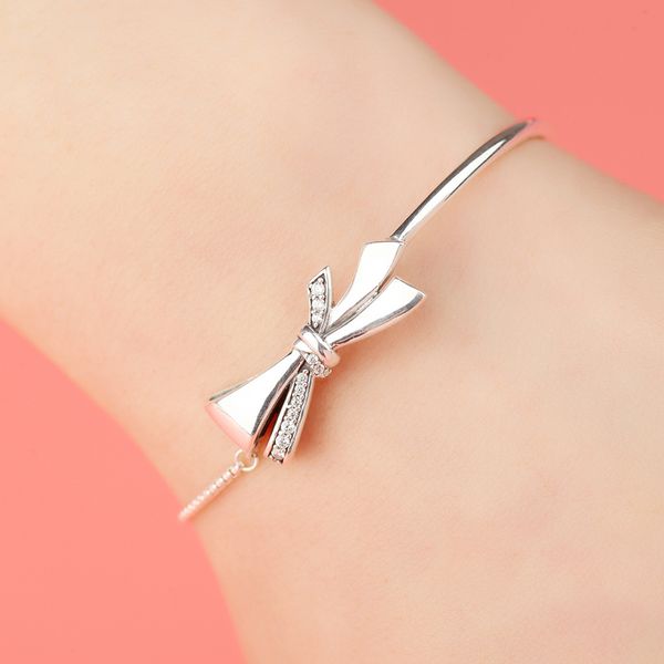 

bow bracelet silver 925 original adjust women bracelets bangle valentines day birthday xmas jewelry gifts, Golden;silver