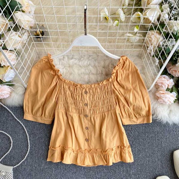 

women's blouses & shirts singrain women summer solid blouse korean romantic basic streetwear chic ruched party french style puff sleev, White