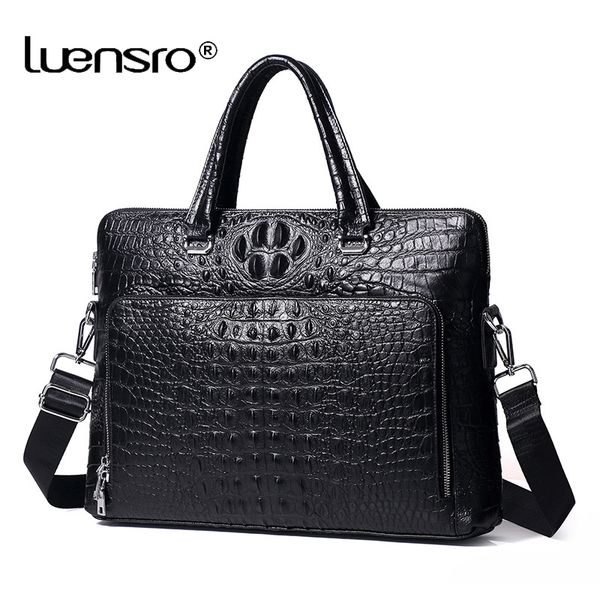 

real cow leather men's briefcase luxury crocodile pattern cowhide leather briefcase male shoulder bag commercial business bags