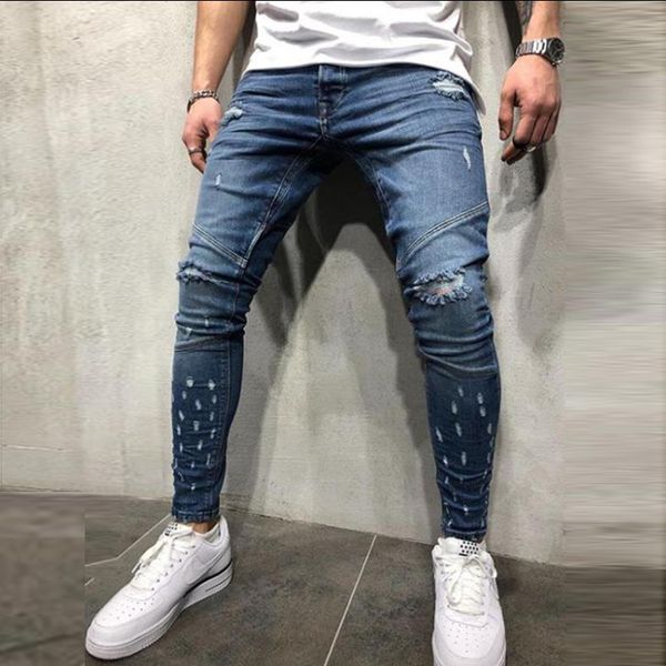 

mkass men jeans runway slim racer biker jeans fashion hip hop skinny for men, Blue