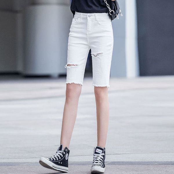 

women's jeans women 2021 summer short pants female casual slim denim elastic skinny hole ladies high waisted y264, Blue