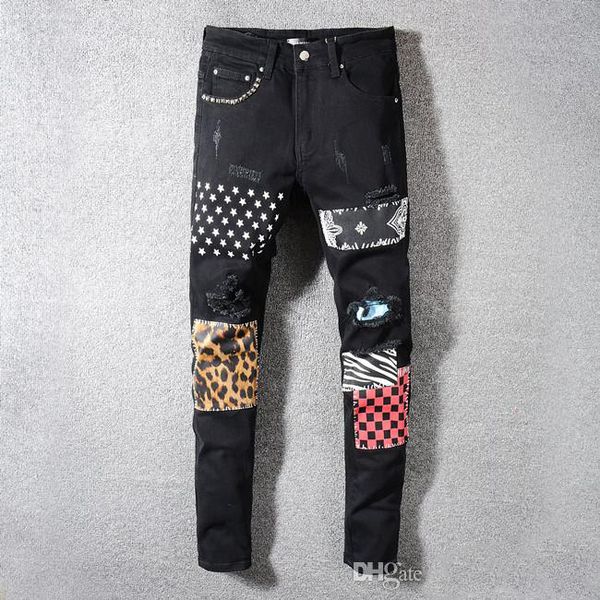 

trend brand mens designer luxury men s clothing men's knee stitching pengkla punk jeans chain slim hole male motorcycle pants, Blue