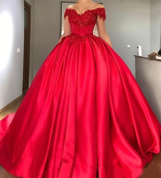 

modest off shoulder red ball gown quinceanera dresses appliques beaded satin corset lace up prom dresses sweet sixteen dresses, Blue;red