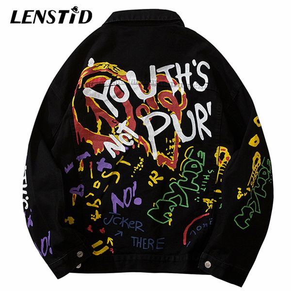 

lenstid spring harajuku hip hop graffiti denim bomber jackets mens distressed streetwear vintage punk rock jeans jackets coats, Black;brown