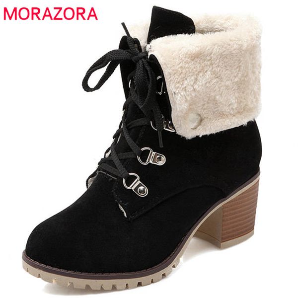 

morazora 2020 new fashion ankle boots women round toe flock lace up booties square high heels shoes keep warm winter snow boots, Black