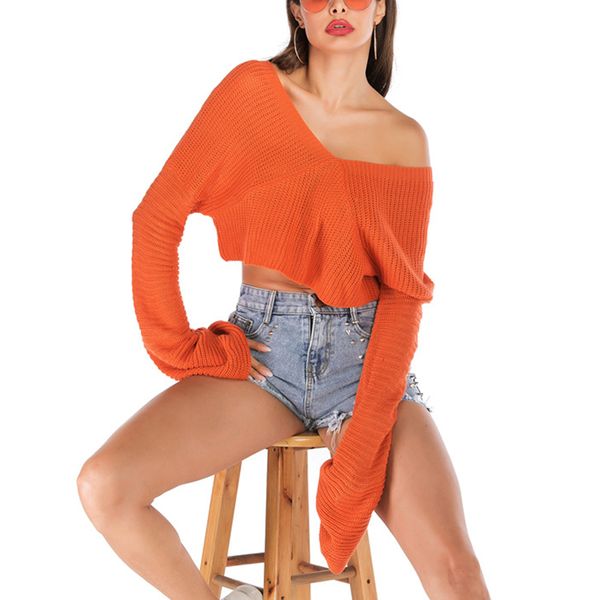 

2019 короткие осенние свитера женщин свободный ленивый ветер сплошной цвет свитер женский пиджак оранжевый v-образным вырезом сексуальные же, White;black