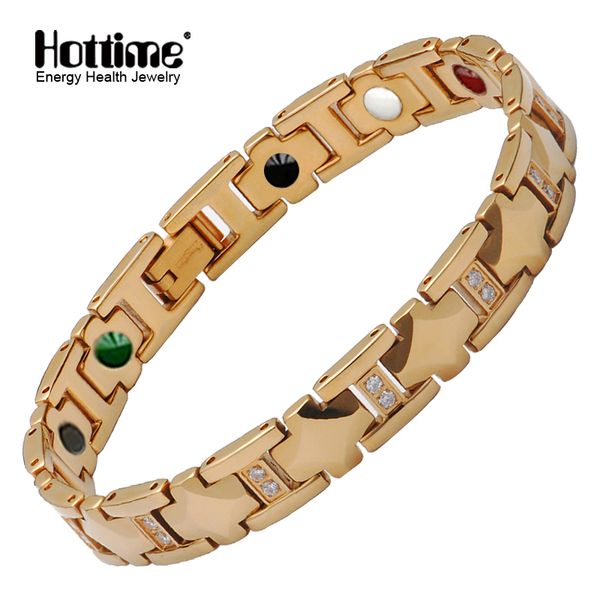 

ime 5 in 1 men's magnetic tungsten bracelet magnet gold color stainless steel bracelets for men germanium energy wristband, Golden;silver