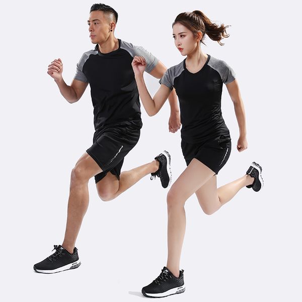 

tight sportswear men women running sports set fitness workout tracksuit sets quick dry t shirt gym sport student couple suit, Black;blue