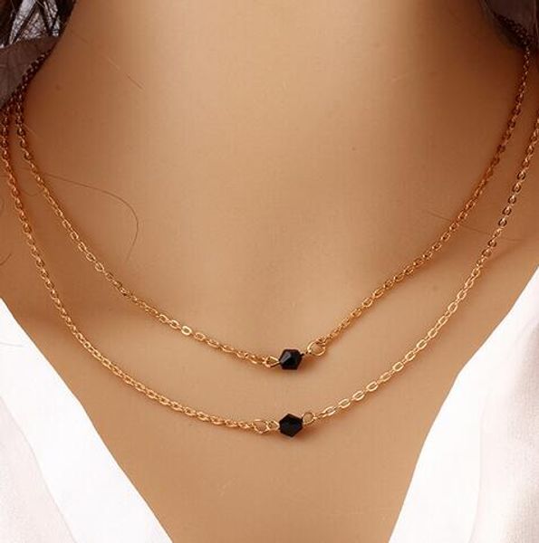 

горячая новая мода блестящий краткий doule золотая цепочка черный кристалл подвески ожерелья женщины темперамент повседневная ожерелья, Silver