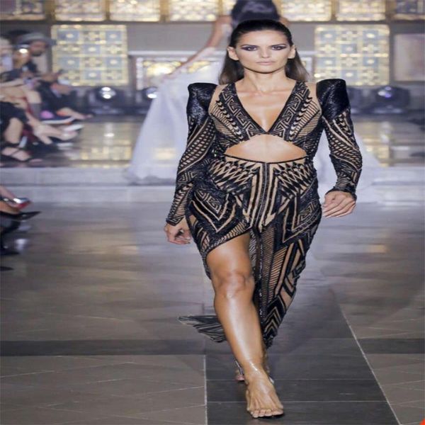 

2019 europe and the united states spring and summer new long sleeved v-neck lace striped hollow dress vestidos se dress + suit, White;black