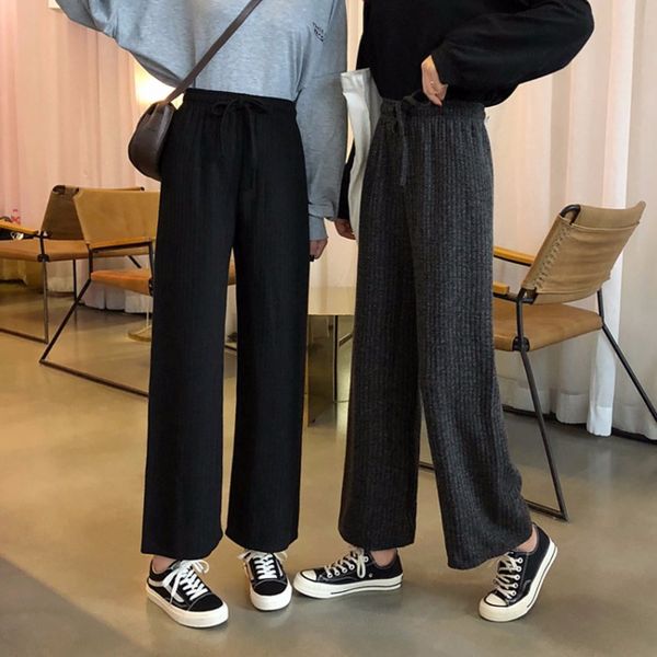 

autumn and winter 2019 new style high-waisted black and white with pattern knitted loose pants loose-fit slimming drape straight, Black;white