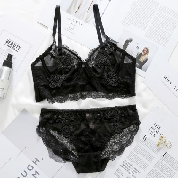 

women lace embroidery floral bras + onesize lace underwear brief suits push up bras sets, Red;black