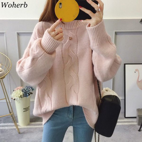 

woherb pink sweater women solid color o neck long sleeve pullovers casual sweet loose jumpers korean fashion new 90980, White;black