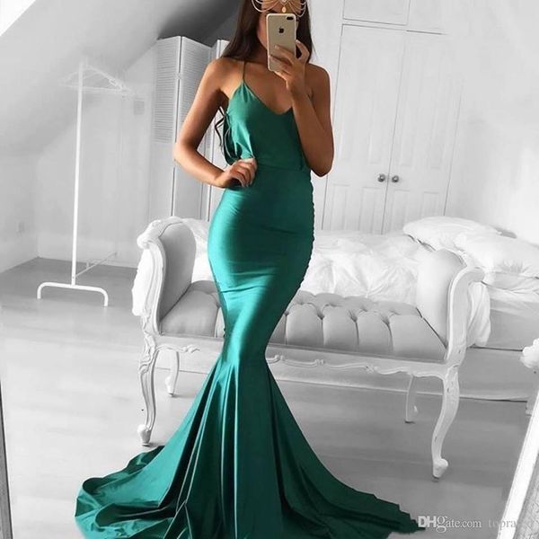 

2019 simple mermaid hunter green evening dresses v-neck spaghetti straps satin custom made formal prom celebrity gowns, Black;red