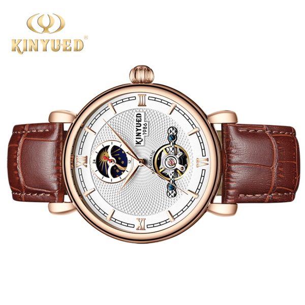 

kinyued new mechanical watches men automatic moon phase waterproof hand watch male fashion leather strap wristwatch, Slivery;brown
