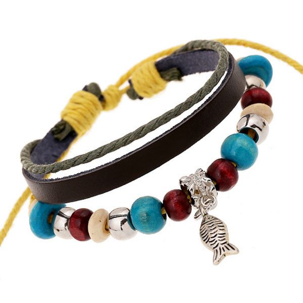 

japanese and korean creative fashion alloy fish pendant leather bracelet men women simple beaded jewelry accessories adjustable, Golden;silver