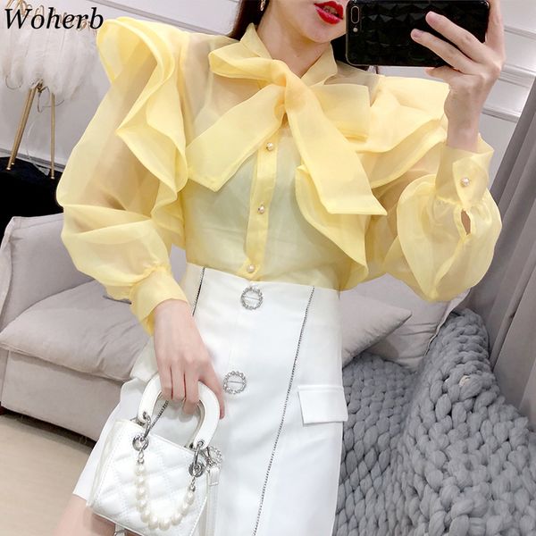 

h0 весна bowknot рюшами рукава женские рубашки белый однобортный моды voile женщин сексуальный рубашка час, White