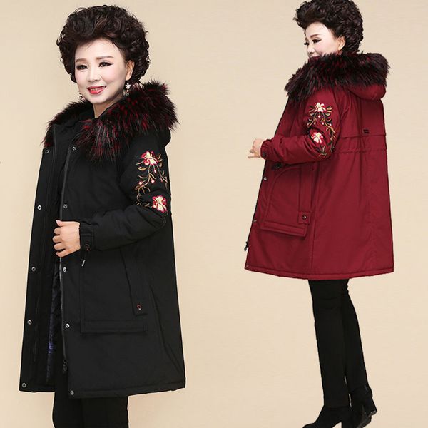 

mom winter coat 2018 new style 40-year-old 50 middle-aged women's embroidery thick warm cotton-padded clothes middle aged and el, Blue;black
