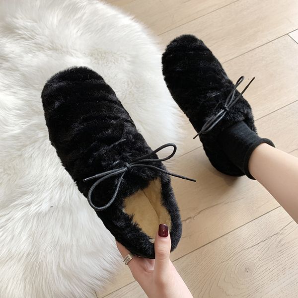

korean shoes casual female sneakers women women's moccasins round toe all-match loafers fur 2019 winter cross new comfortable, Black