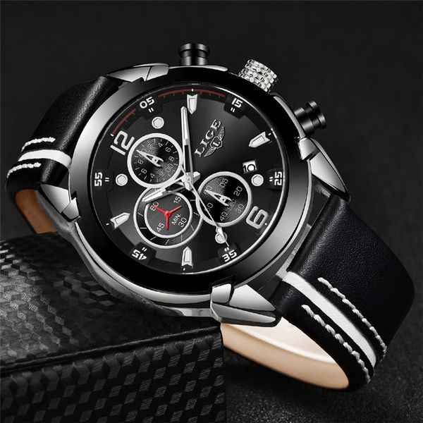 

lige fashion big dial men's watch chronograph sports men watches design creative with dates male wristwatch mens stainless steel, Slivery;brown