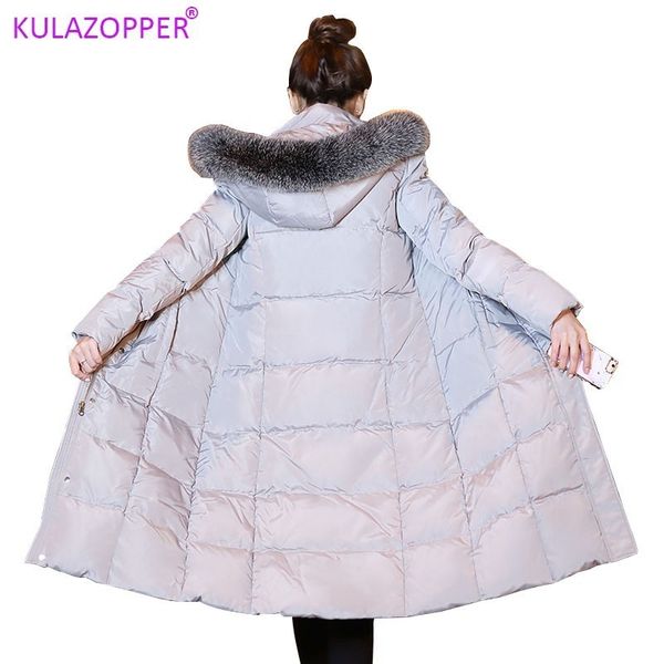 

kulazopper high end winter women down jacket 2019 big fur collar hooded coat female plus size thicken warm long coats lz003, Black