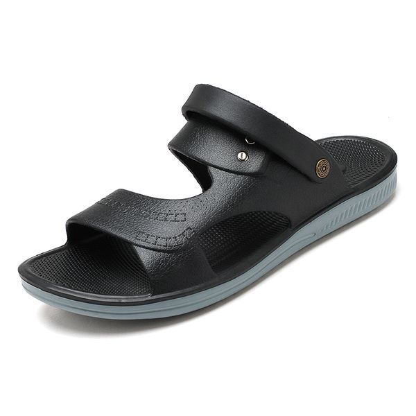 

2020 men summer slide sandals genuine leather outdoor shoes handmade classic for male soft walking beach sneaker casual big size, Black
