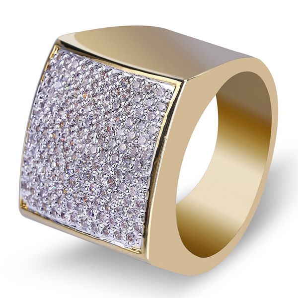 

fashion 18k gold tone copper white cz zirconia square rings hip hop rock punk diamond jewelry gifts for men & women 20mm size 7-11 wholesale, Golden;silver