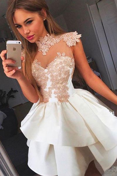 

high neck appliqued tiered skirt elie saab dresses short homecoming dresses cap sleeve sheer neck evening dress formal prom gowns, Black;red