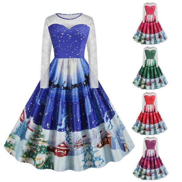 

3d digital print womens casual dresses fashion lace christmas print panelled womens expansion dresses designer females clothing, Black;gray