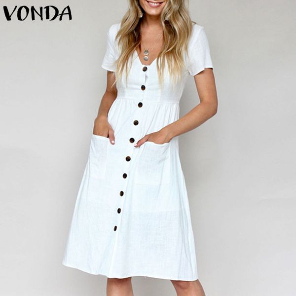 

VONDA Plus Size Women Casual Dress 2019 Summer Sexy Deep V-Neck Short Sleeve Dress Elegant Knee-length Solid Vestidos 5 Color