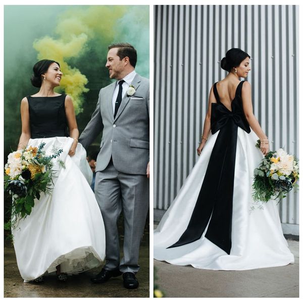 

charming scoop a-line satin black and white wedding dress for sale low v back sweep train voiles de mariage black tie wedding dresses