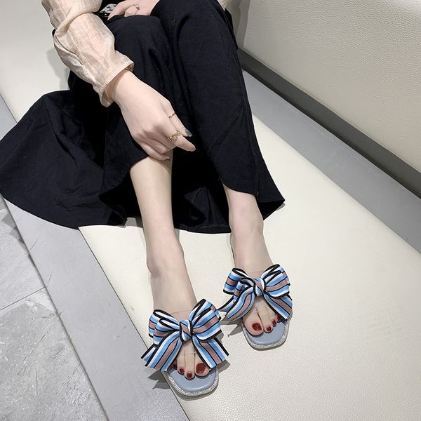 

big butterfly-knot transparent pvc flat slippers women open toe slides summer shoes women sweet soft sole slippers beach shoes, Black