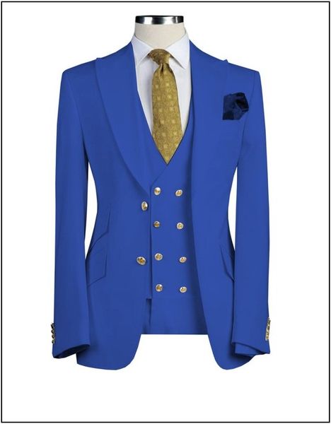 Royal Blue Damat smokin Tepe Yaka Groomsmen Mens Gelinlik Mükemmel Adam Ceket Blazer 3 Adet Suit (Ceket + Pantolon + Vest + Tie) 680