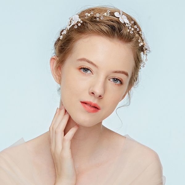 

trendy women headband hair accessories gold color alloy handmade headpiece petal flower headdress ornament for wedding bridal, Golden;white