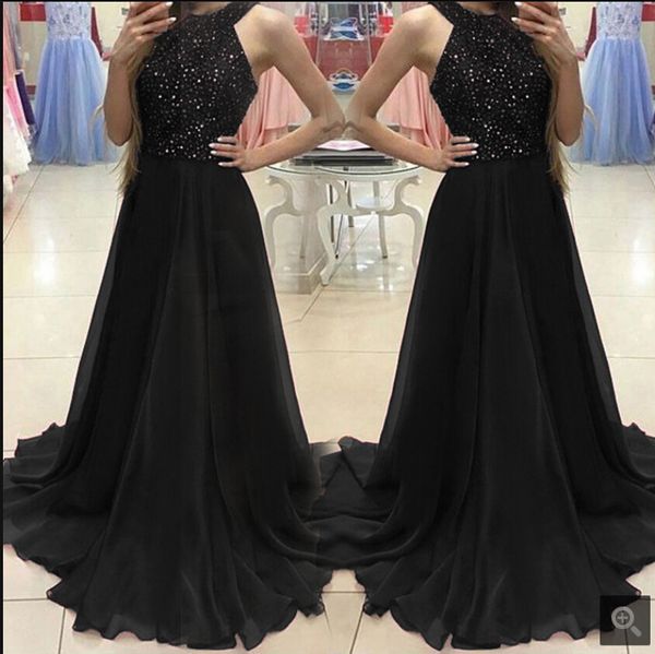 

2019 robe de soiree green a line black halter neckline beaded crystals evening dress sheer back floor length summer beach evening gowns, Black;red