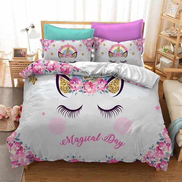 Magical Cartoon Cute Unicorn Duvet Cover Set For Kids Adults