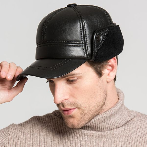 

jancoco max 2017 genuine sheepskin baseball caps for men warm earflap casual hats with real fur lined s3036, Black;white
