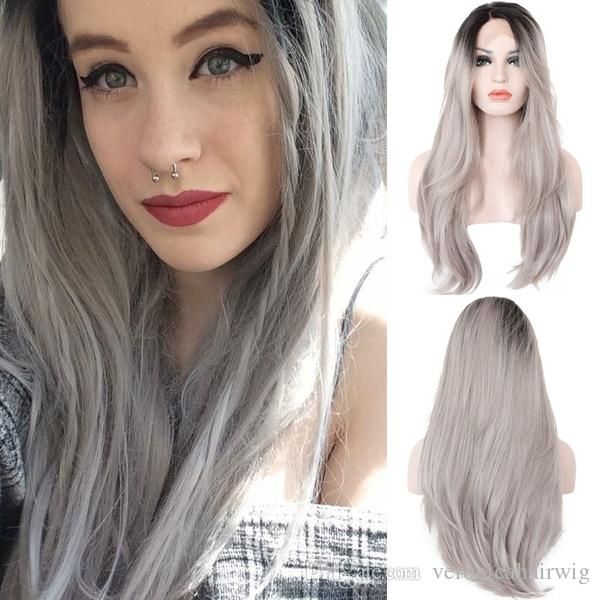 Two Tones Ombre Grey Lace Front Wig With Black Roots Heat Resistant 180 Density Natural Wavy Synthetic Wigs For Black Women Hairpieces For Men Men