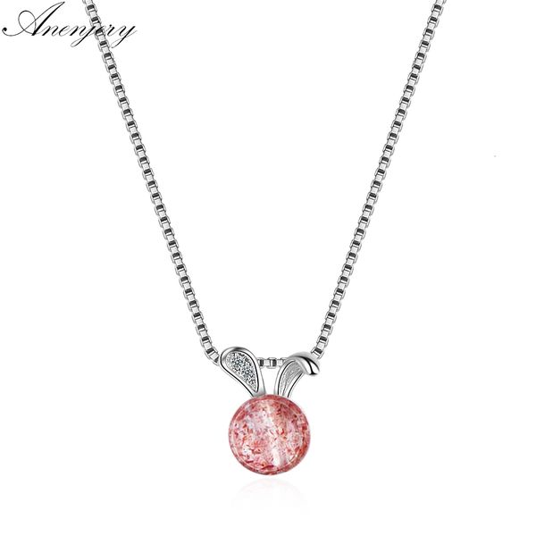 

cute bunny natural strawberry crystal pendant necklace for women birthday gift 925 sterling silver jewelry