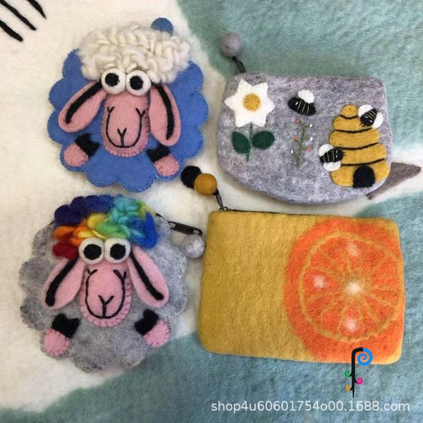 

wool felt embroidered purse children girl's purse lamb orange bees multi, Black