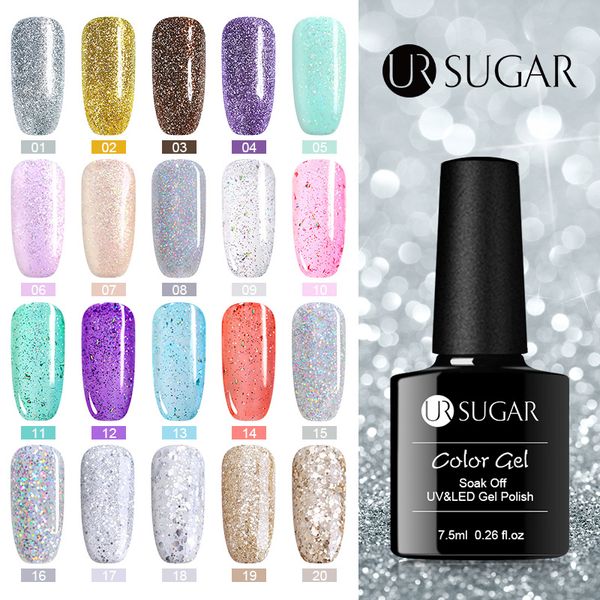 

ur sugar 7.5ml platinum glitter led gel polish soak off nail gel lacquer shiny laser sequins decorations uv varnish, Red;pink