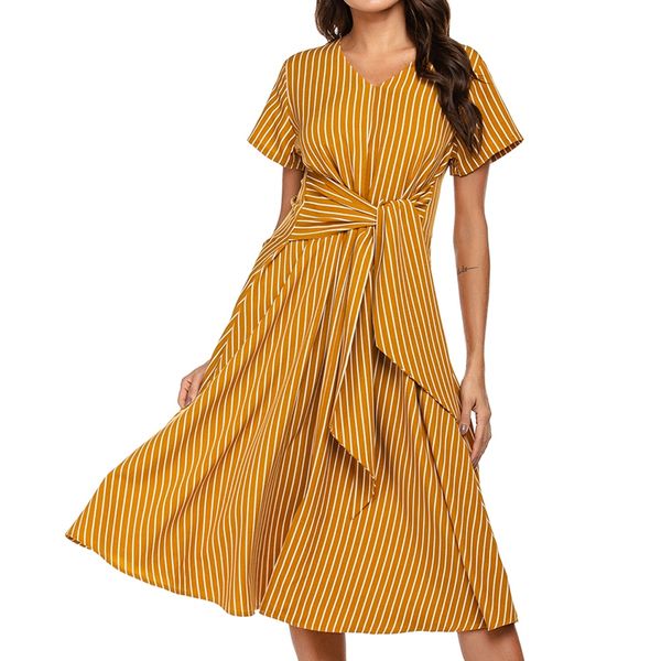 

summer v-neck striped dress casual lace-up long skirt, White