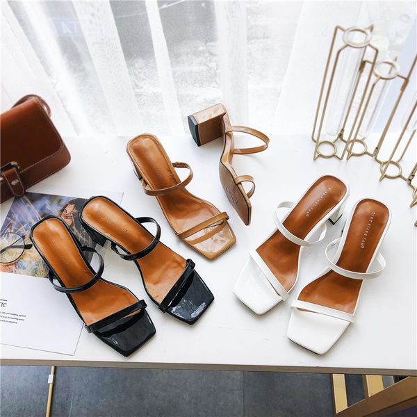 

slip on square heel women slipper summer outdoor trendy comfortable women sandals thin strap slipper elegant shoe, Black