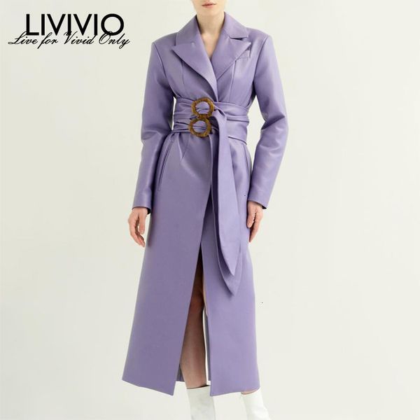 

livivio] elegant pu leather women's coats notched collar long sleeve high waist with belt female 2019 autumn fashion clothing, Black