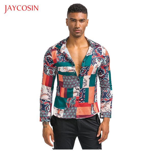 

joycosin 2019 men shirt casual fashion male clothes v-neck slim fit button shirt exotic print long sleeve men street, White;black