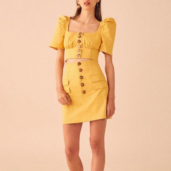 

solid square collar women suit puff sleeve button crop high waist slim mini skirt summer two piece set, White